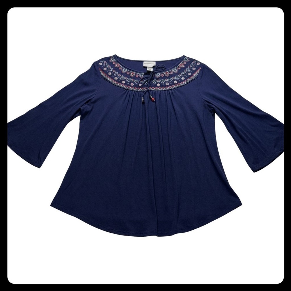 Alfred Dunner Blouse Women Medium Blue Embroidered Boho Top